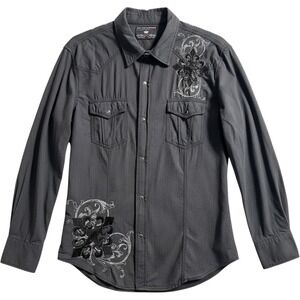 Pop Icon Clothing Buckle Mens XL Western Snap Shirt Grey Pinstripe Embroidered